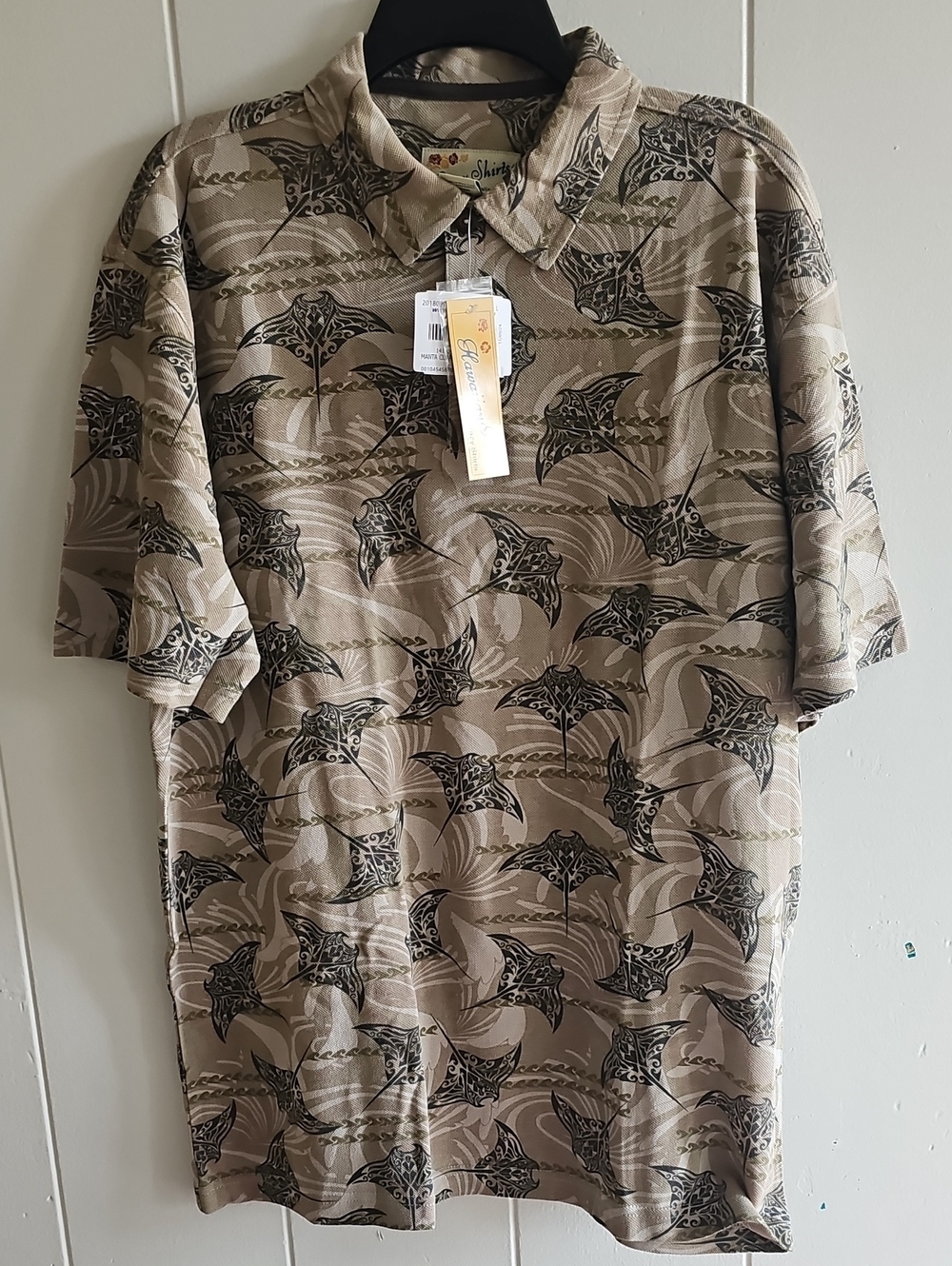 Men's Short Sleeve Button Polo in Beige with Black Pattern
